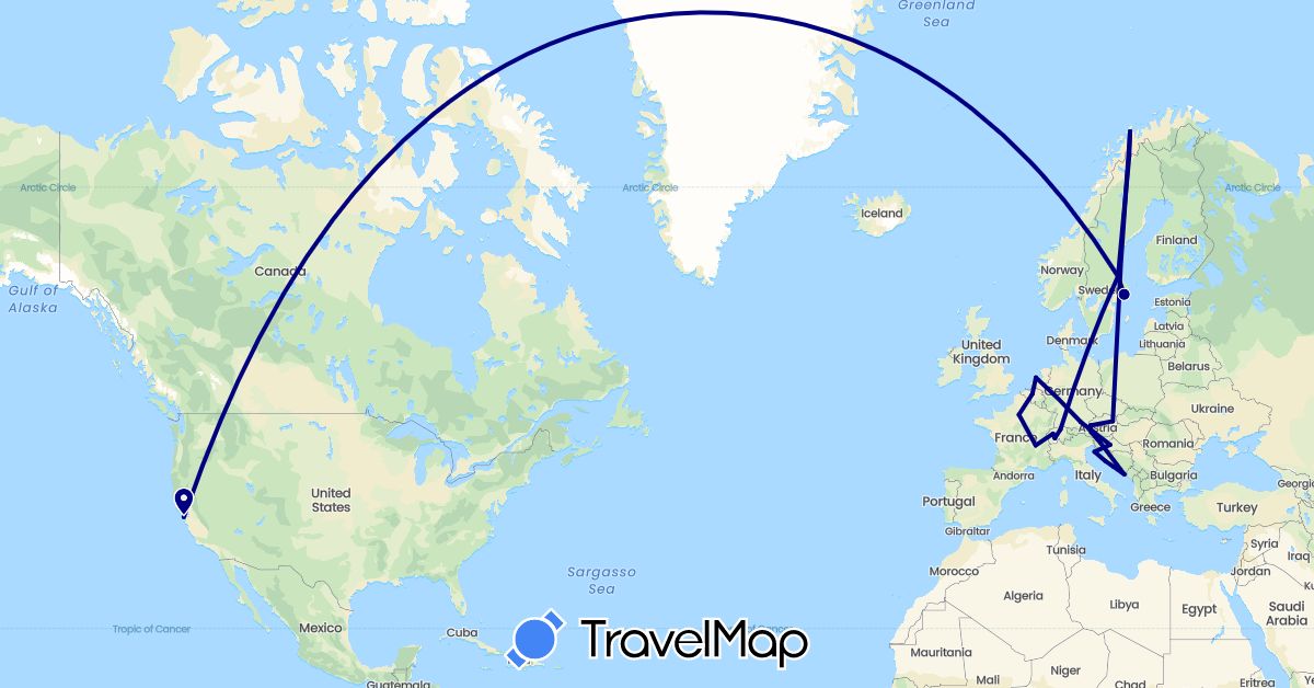 TravelMap itinerary: driving in Austria, Belgium, Switzerland, Germany, France, Croatia, Netherlands, Norway, Sweden, Slovenia, United States (Europe, North America)