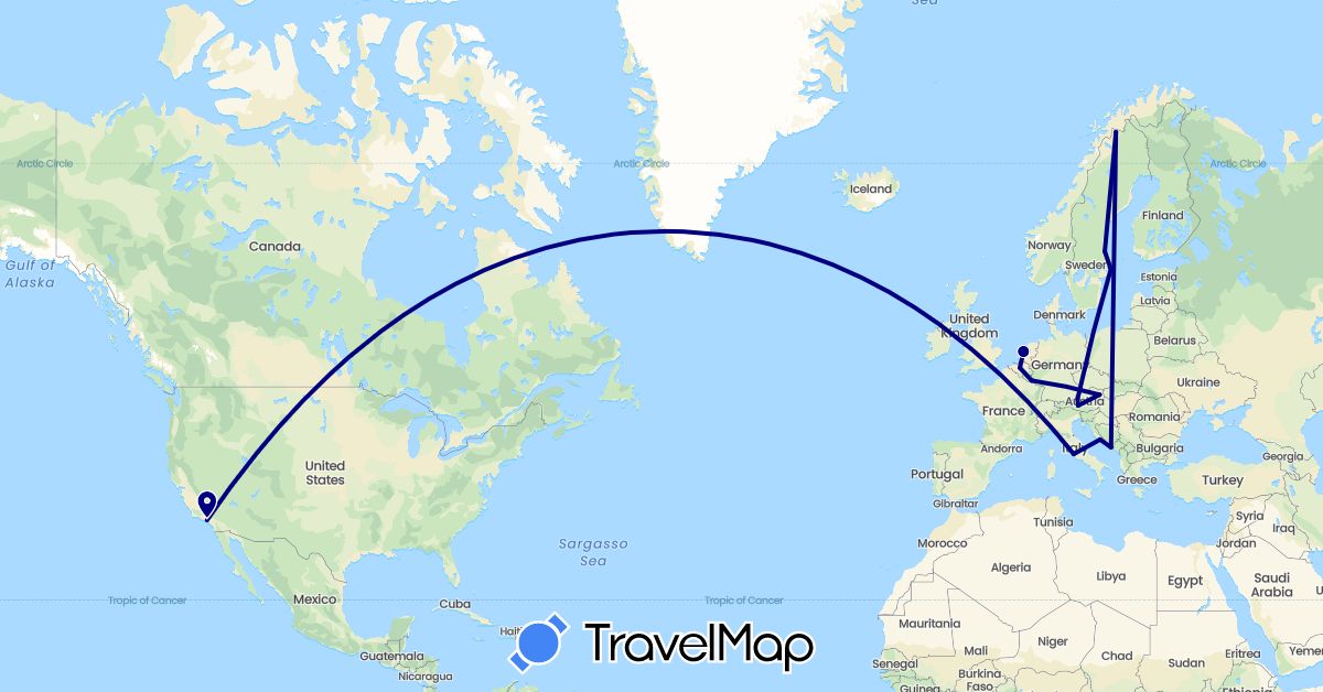 TravelMap itinerary: driving in Austria, Belgium, Croatia, Italy, Luxembourg, Netherlands, Sweden, United States (Europe, North America)