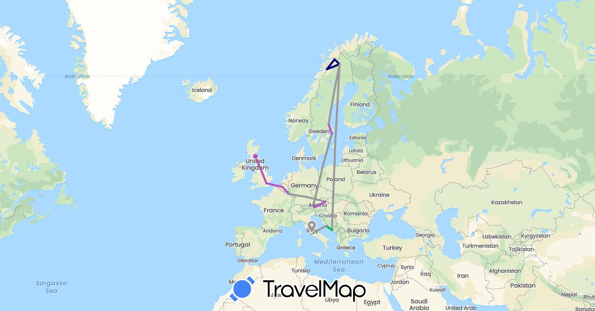 TravelMap itinerary: driving, bus, plane, train in Austria, Belgium, United Kingdom, Croatia, Italy, Luxembourg, Sweden (Europe)